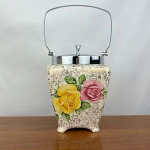 Vintage 1940s Midwinter floral rose English biscuit cookie jar with lid